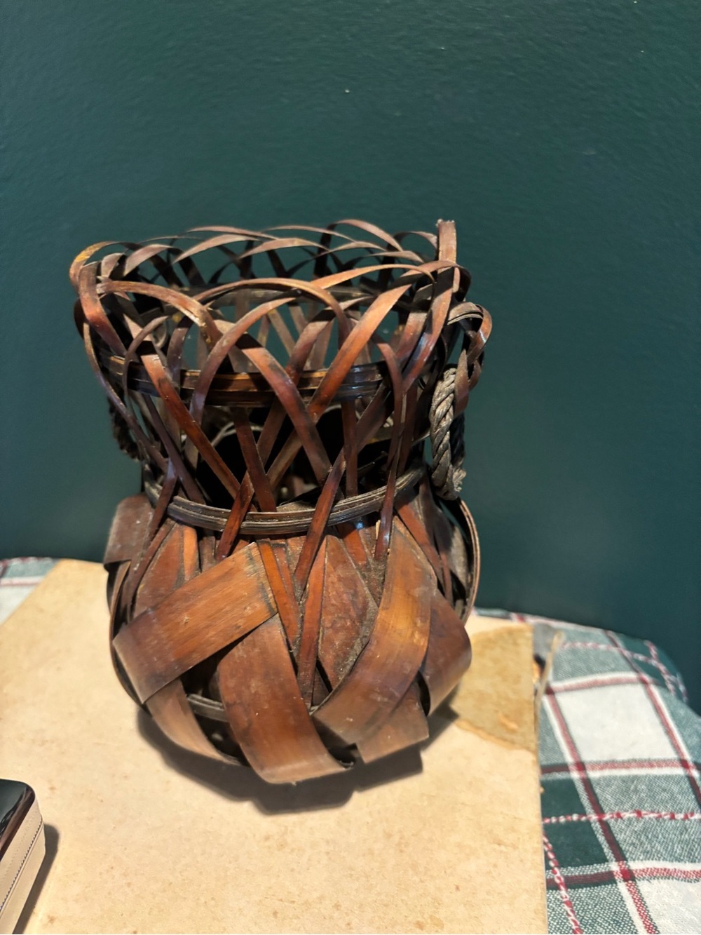Antique Woven Bamboo Japanese Decorative Vase - Brown